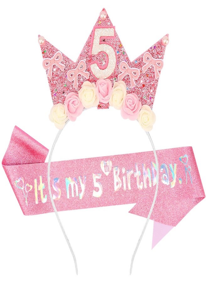 SuPoo 5th Birthday Decorations for Girl Pink Bow 5th Birthday Sash and Headband Crown for Girls Glitter Hair Band for Party 5 Year Old Flower Princess Tiara Hair Accessory Outfit Gift - Image 1